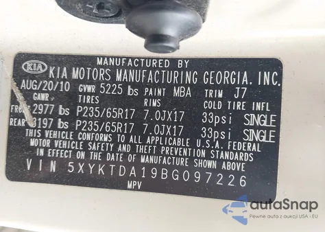 2011 Kia Sorento Lx z USA, uszkodzony, nr VIN 5XYKTDA19BG097226